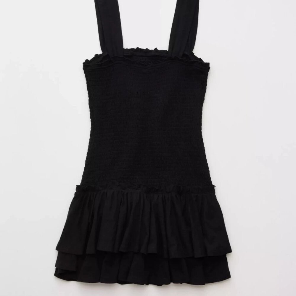 American Eagle AE Sunchaser Knit Smocked Drop Waist Mini Dress Size XL Black